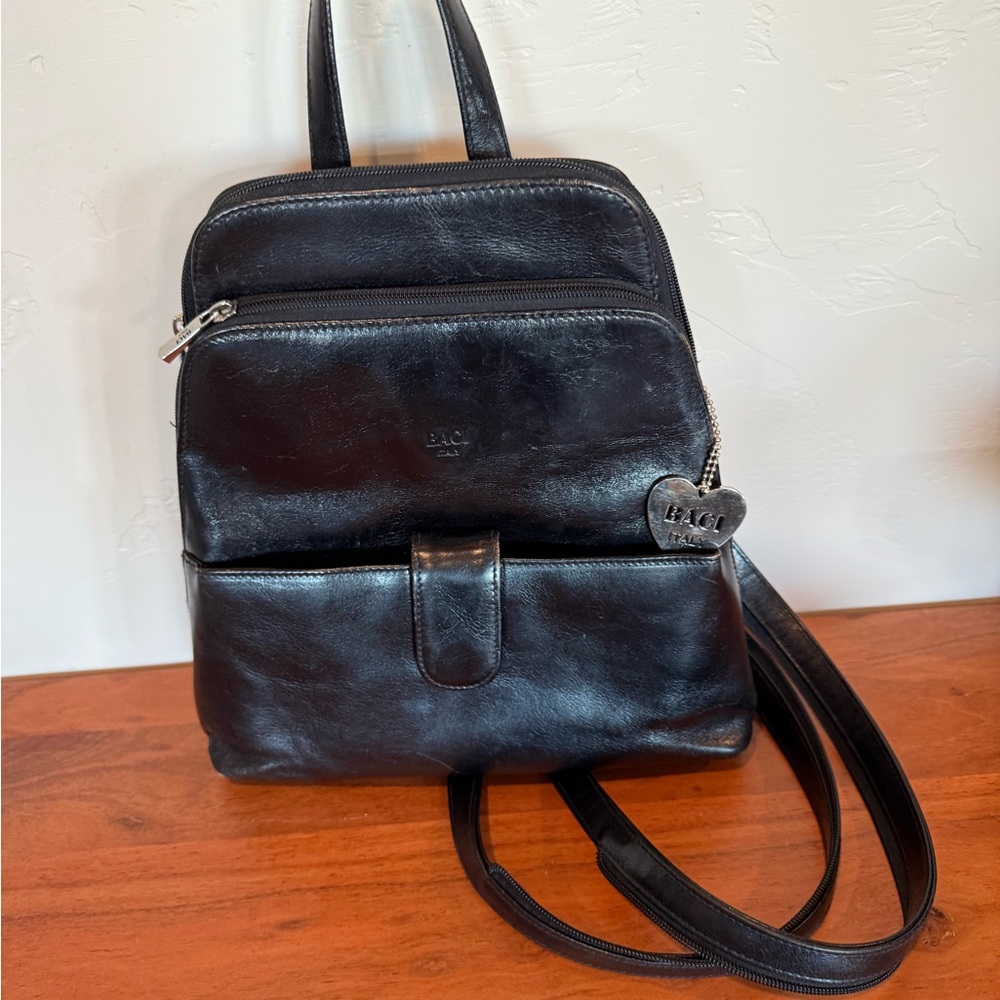 Vintage BACI made in Italy black leather backpack with Heart Charm 10x12'